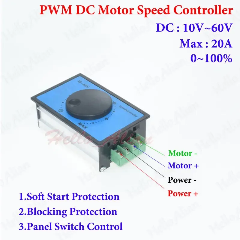 DC 10-60V 12V 18V 24V 48V 20A PWM DC Motor Speed Controller Switch Soft Start Protection Blocking Protection High Power