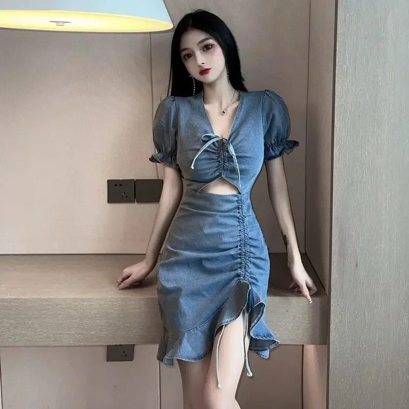 Bodycon Corset Tight Female Dress Short Sleeve Mini Ruffle Women's Dresses Designer Clothing Y2k Elastic Elegant Luxury Trendy