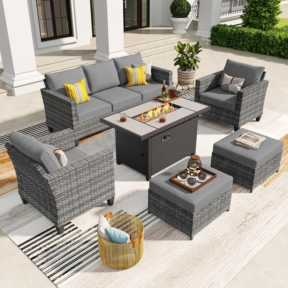 6 Pieces Patio Furniture Set with Fire Pit Table, Outdoor Wicker 3-Seat Sofa with Comfy Cushion, Garden Furniture Sets