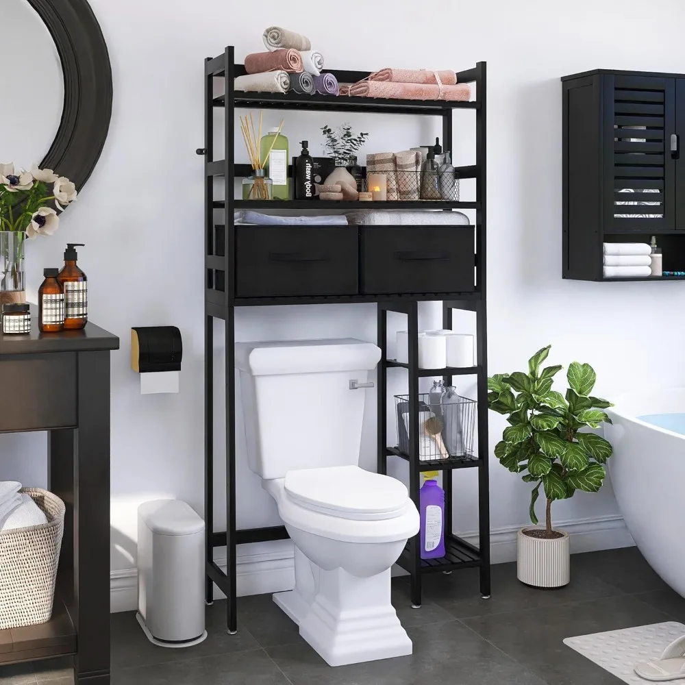 

Original Over-The-Toilet Storage Rack, 6-Tier Bamboo Large Bathroom Organizer with Side Shelves and 2 Drawers