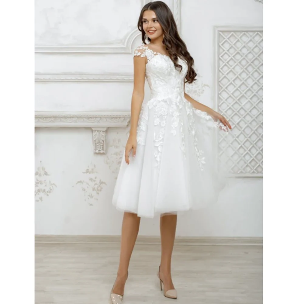 

Elegant Pure White Flowers Lace Tulle Knee Length Women Prom Dress Spaghetti Strap Sweetheart Ball Gown فساتين سهرة Wedding