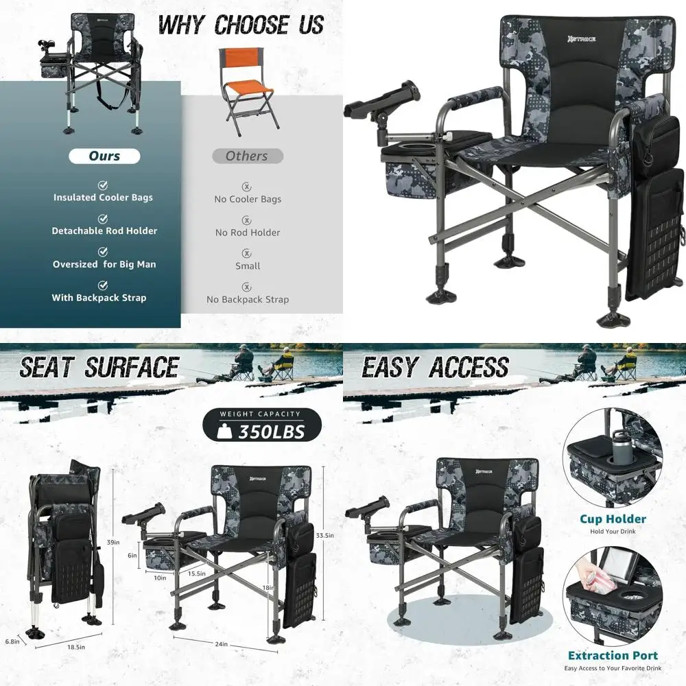 

Рыболовные кресла с держателем для удочки, складное кресло для зимней рыбалки для взрослых, уличное кресло для кемпинга с регулируемыми ножками, с сумкой-холодильником и сумкой для хранения