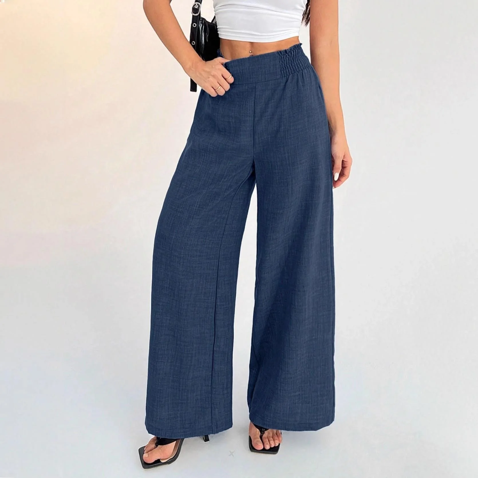Cross-Border Pure Color Elastic Wide Leg Pants Women's Elegant Style Casual Trousers Universal Fit for All Seasons