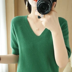 Spring Autumn New Fashion Cashmere Sweater Women Knitted Short Sleeve Pullover Solid Color  Loose V-Neck Korean Version Tops