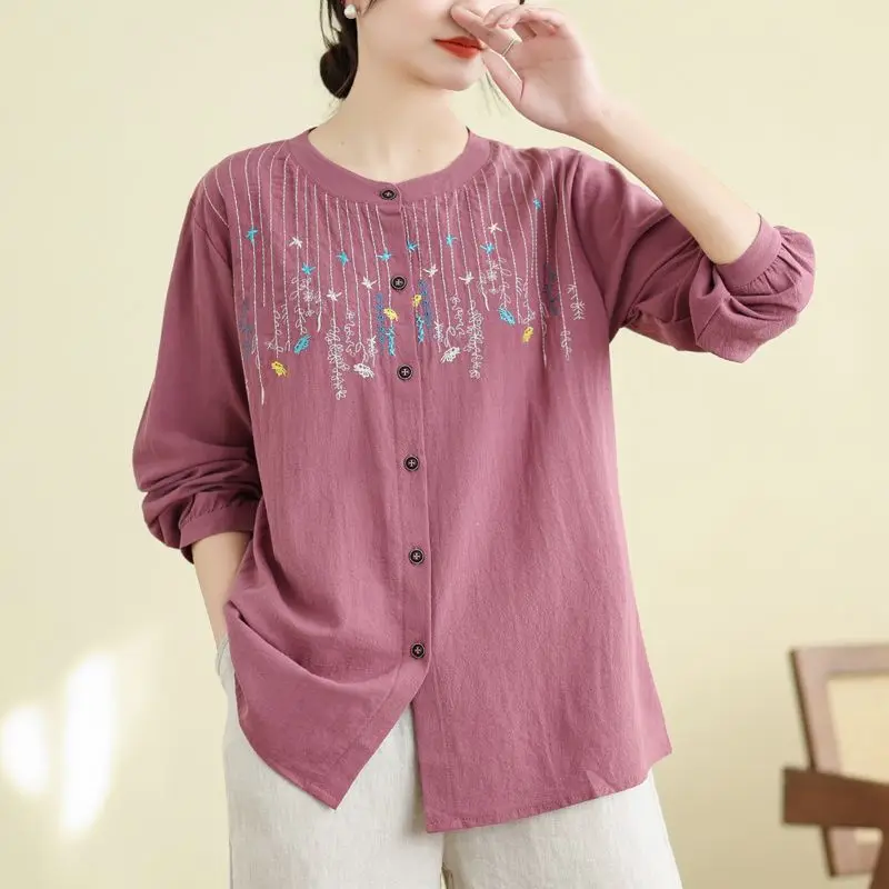 Women Spring Elegant Temperament Loose Embroidered Cotton and Linen O-neck Long Sleeve Shirts Ladies Casual All-match Trend Tops