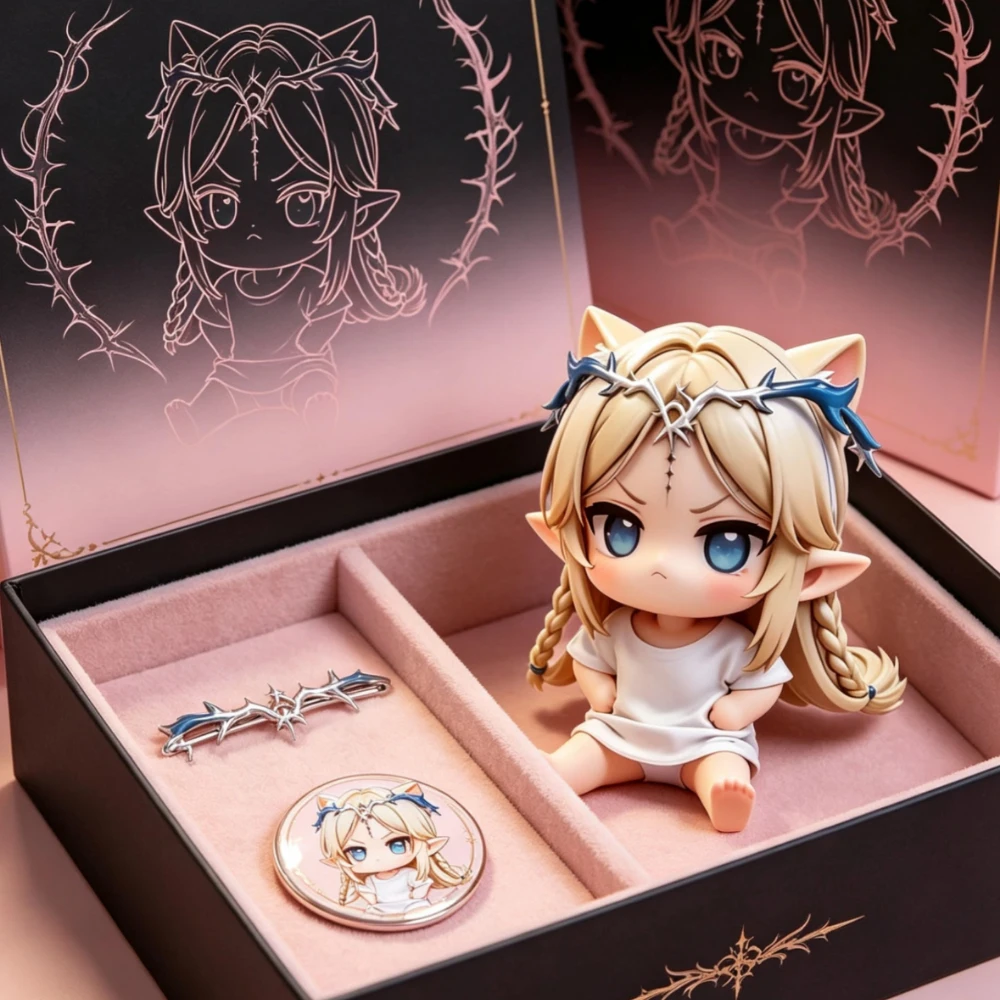 Figura Coleccionable de PVC de Niña Elfa Kawaii Kal Tsit con Orejas de Gato y Trenzas Gemelas Sentada, Adorno de Escritorio, Juguete