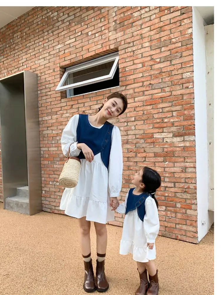 Family Matching Outfits Denim Vest White Dress Mom and Daughter Spring Summer Ruflle Girl Baby Retro O-neck Solid Japan Style