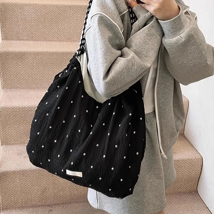 

Ladies Large Capaci Canvas Tote Bag Casual Work Bag Polka Dot Design Single Cloth Bag Spring Faion Sewing Line Elements