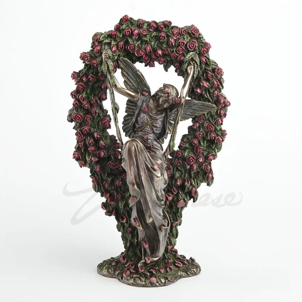 Vintage Angel on Swing Rose Wreath Sculpture Resin Figurine Home Decor Ornament for Living Room Bedroom Garden Patio Decor Gift