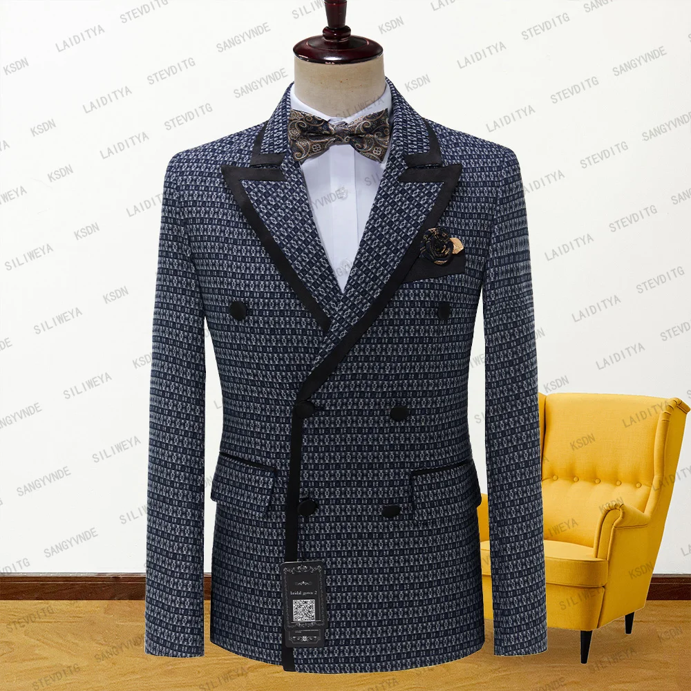 

2023 New Men Casual Boutique Business Slim Fit Blue Reto Classic Pattern Double Breasted Formal Suit Dress Jacket Blazers Coat