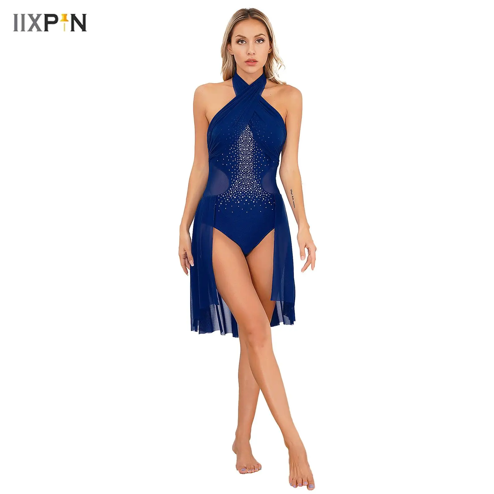 レディースモダン叙情的ダンス衣装ホルターグリッターラインストーンメッシュオーバーレイレオタードドレス社交パーティーパフォーマンスダンスウェア