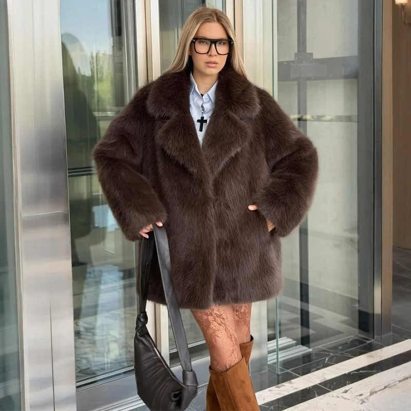 TARUXY lussuoso cappotto con risvolto in pelliccia sintetica da donna elegante solido allentato con lacci giacca per il tempo libero moda invernale femminile mantiene caldo cappotto di pelliccia