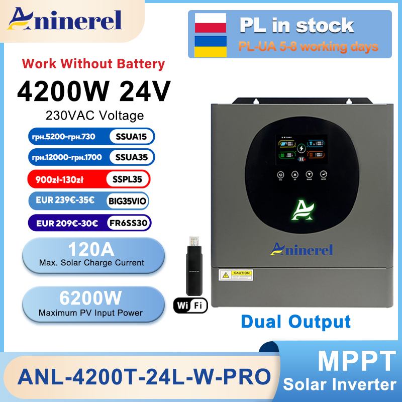  Aninerel 4.2KW 24V Hybrid Solar Inverter Dual Output Color LCD Display Off/On grid Inverter MPPT 120A PV 500VDC With WiFi 