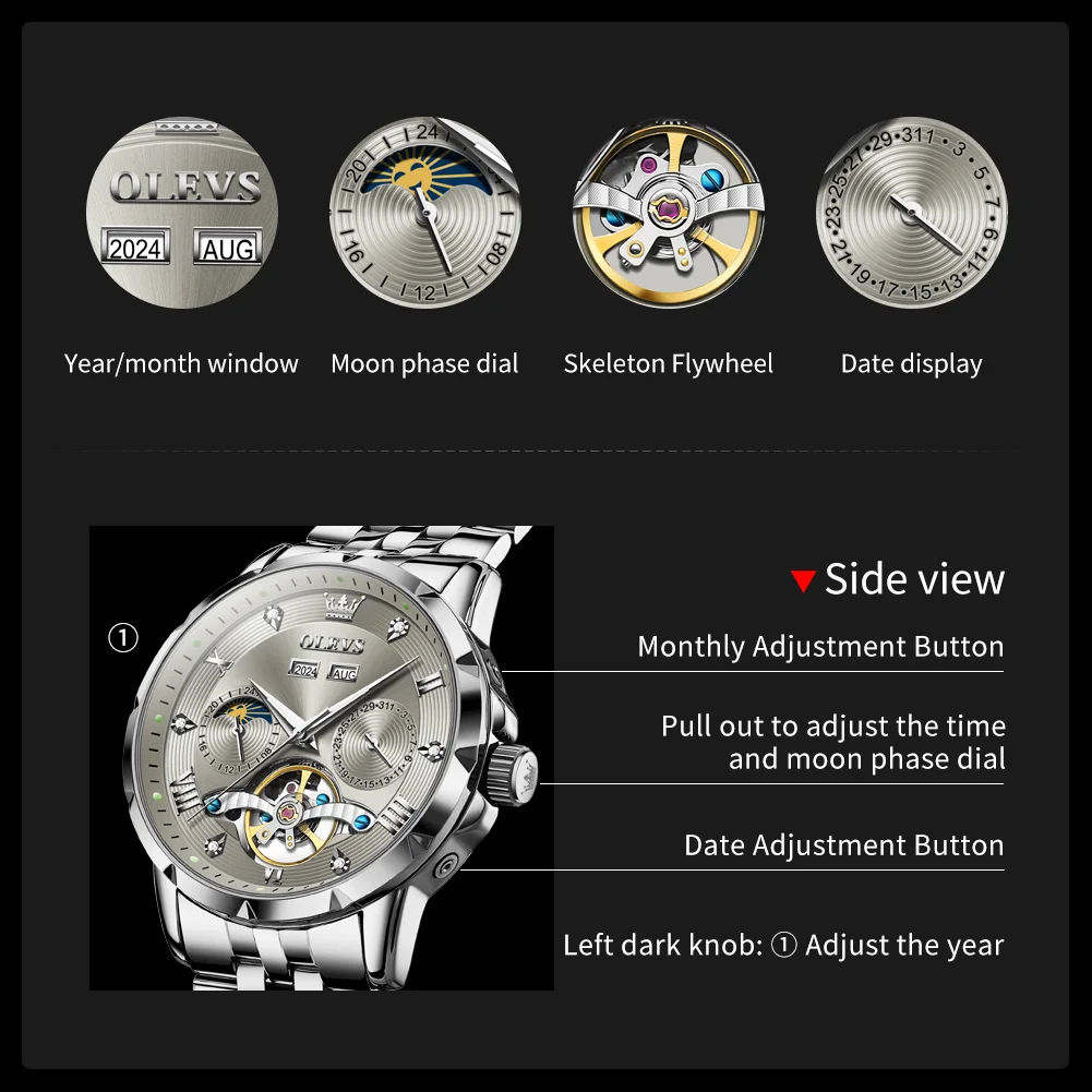 男性用機械式フライホイールウォッチ,高級時計,日付,自動,ムーンフェイズ,発光,防水,オリジナルブランド,OLEVS-6691