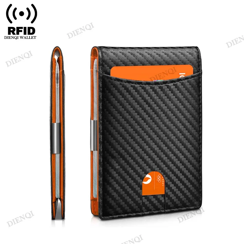 DIENQI Money Clip for Men Carbon Fiber Rfid Slim Card Holder Men's Dollar Clips Small Short Smart Bi-Fold Billfold Case Black