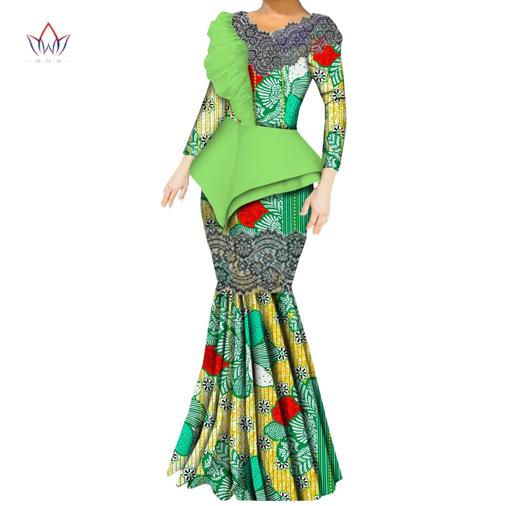 

Long Sleeve African Women Dresses Ankara Print lace neck Dashiki Party Wedding Wax Batik African long Dress for Women wy9824