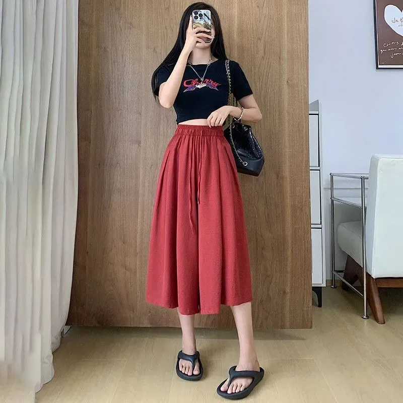 

Новинка лета 2024, универсальные повседневные свободные широкие брюки с высокой талией, юбка, женские брюки с восемью точками, однотонные повседневные шорты