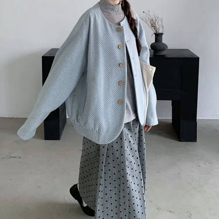 

Single-Breasted Cardigan Jacket Gentle Blue White Loose Round Collar Blue Twill Coat Women Autumn Winter New Style