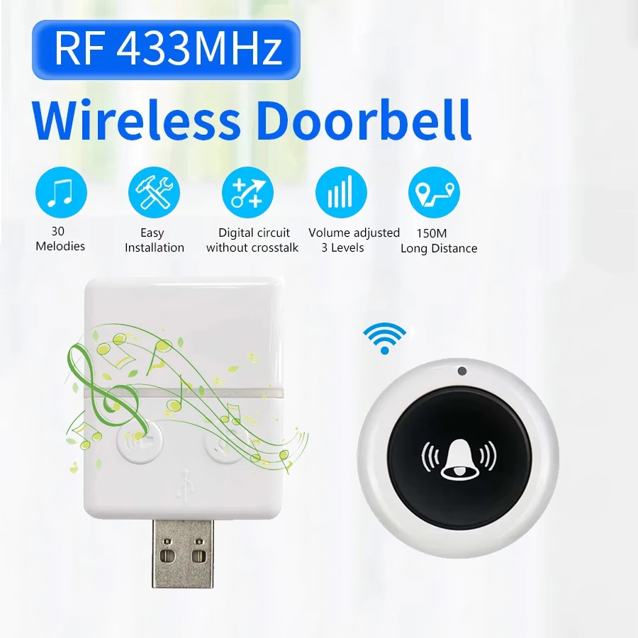 USB Wireless Doorbell DC 5V RF433 MHz Remote Controll Receiver USB Smart Door Bell 30 Music For Home Bed Call Emergent Call