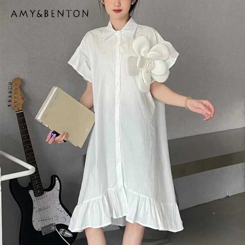 Fashion Mid-Length French Style Vestidos Three-Dimensional Flower Shirt Dress Women's Youthful-Looking Retro Chic Blusas Mujer