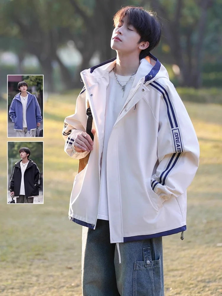 

American Stripe Men's Spring Autumn Windproof Waterproof Outdoor Sports Jaet Casual Loose Fit Polyester Long Sve Zipper