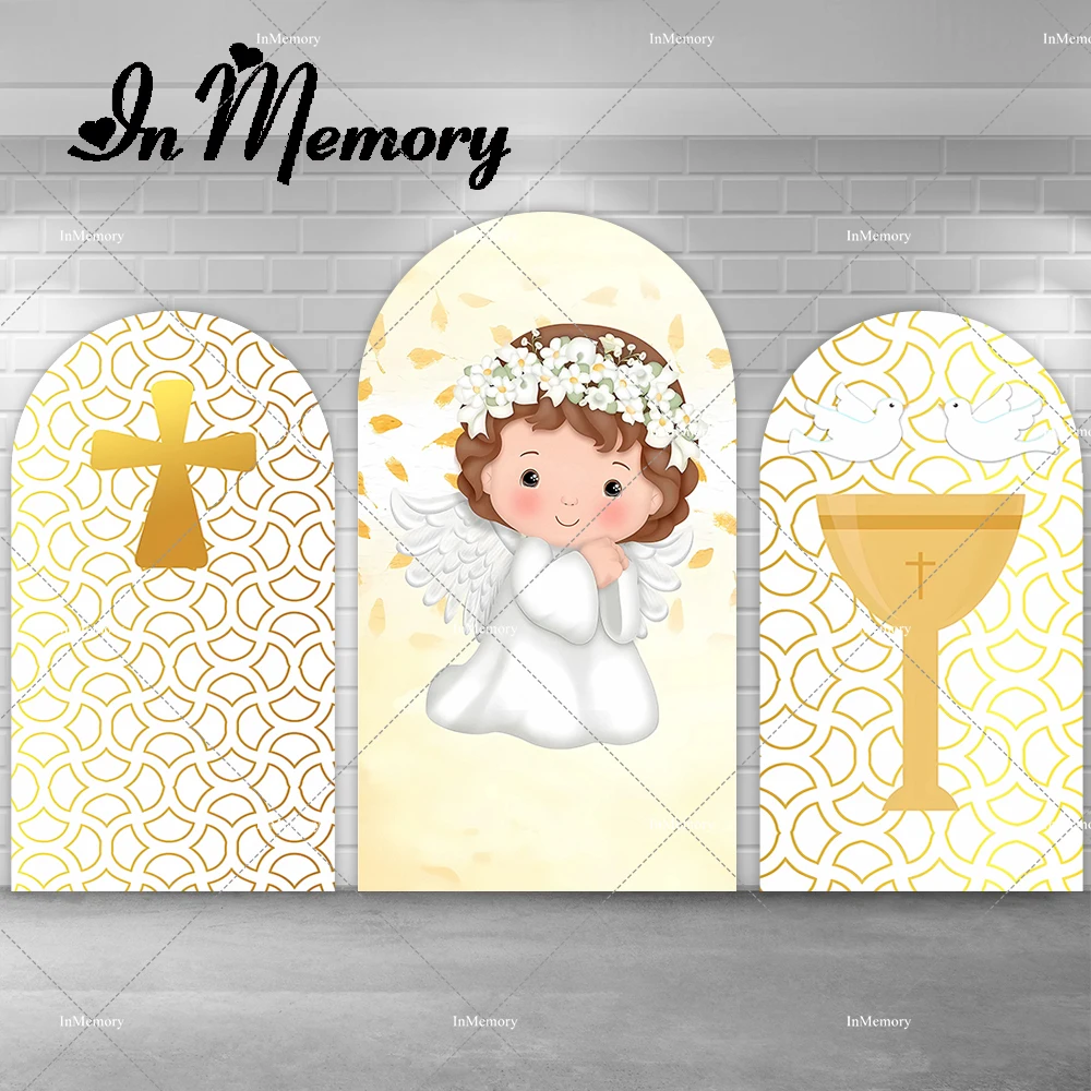 

Girls Baptism Arch Backdrop Cover White Pigeon Angel Gold God Bless Background First Communion Party Chiara Wall Banner