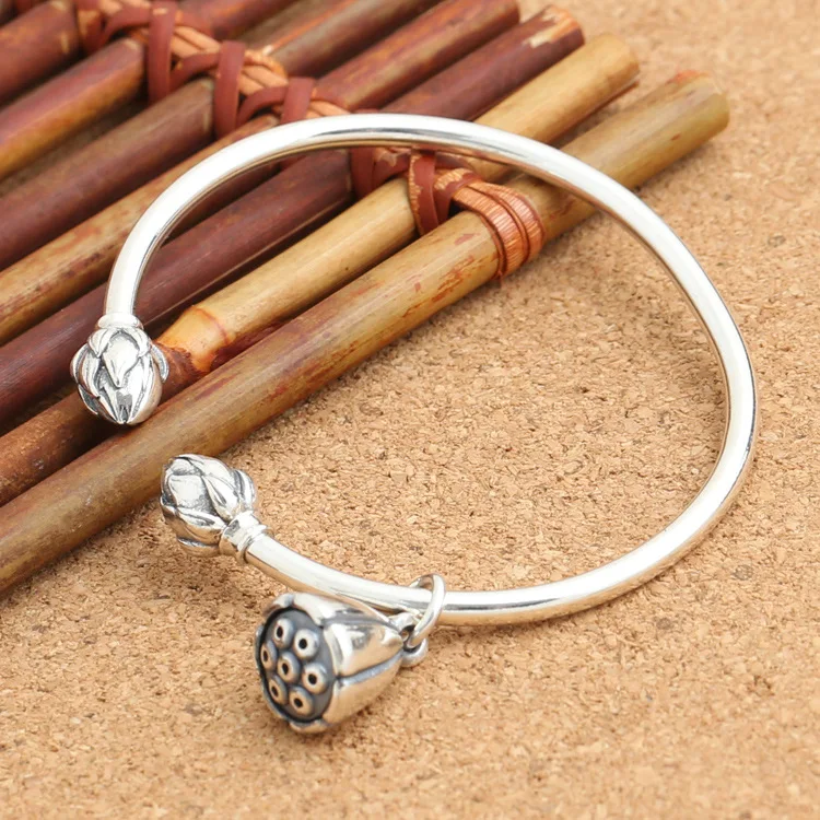 

Модные тайские серебряные украшения ручной работы, женские сердечные сутры, лотос, богемный браслет из чистого серебра, защитный браслет, оптовая продажа