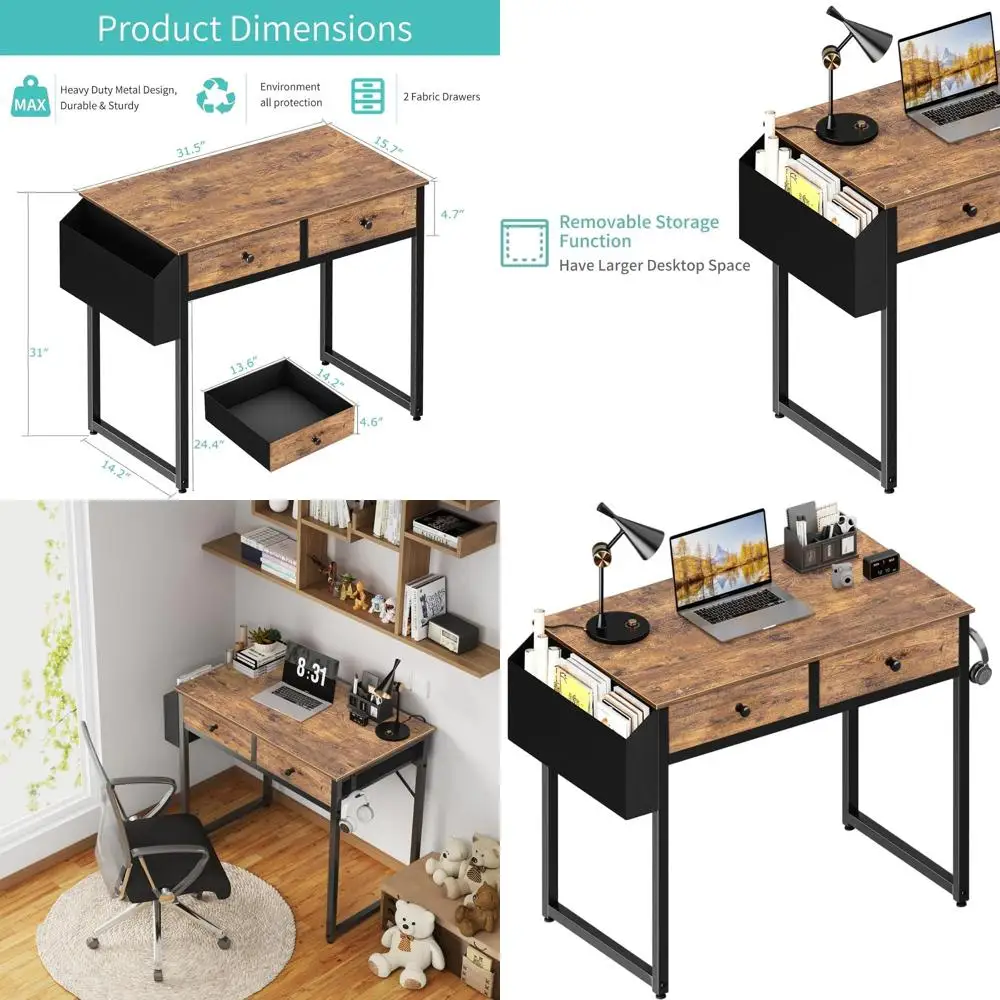 

Compact 2-Drawer Desk for Bedroom, 31 Storage Desk with Fabric Drawers, Rustic Brown, Ideal for Small Spaces