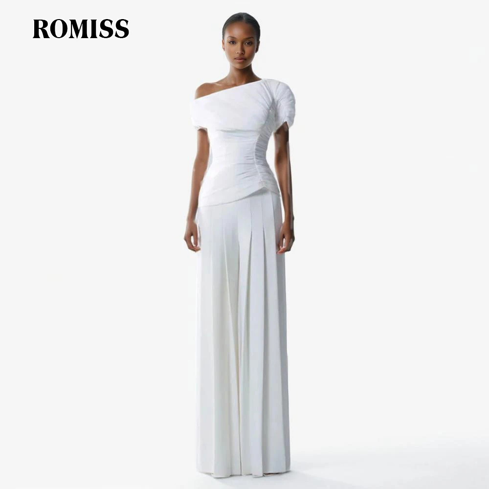 

ROMISS Chic Two Piece Sets For Women Diagonal Collar Short Sleeve Top High Waist Loose Pleated Wide Leg Pant Solid Set Female