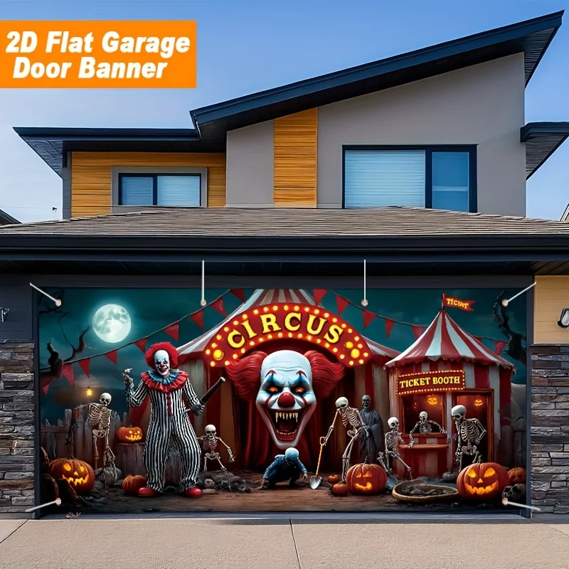 1 piece Halloween Circus Skull Scene 2D Flat Garage Door Banner - Easy to hang and install, no electricity required
