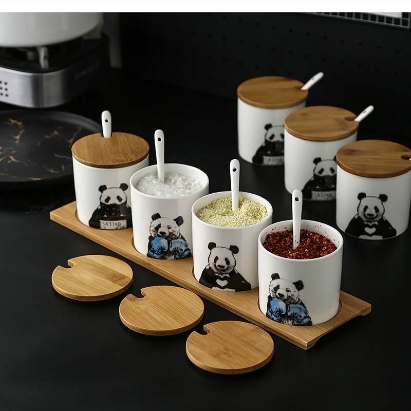 Nordic Art Ceramic Panda Pattern Spice Box Set Home Seasoning Chili Sugar Salt Pot Soy Sauce Vinegar Bottle Kitchen Supplies