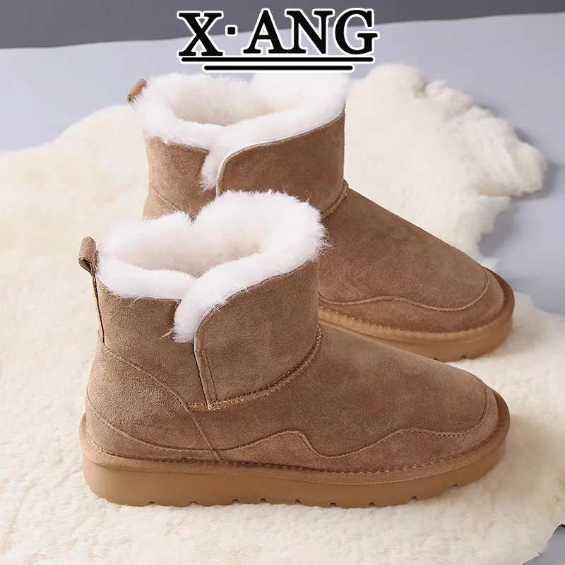 Cow suede women boots Shering snow boots Grey chestnut color Slip on plush boots