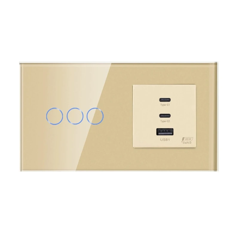 

3G touch switch with 65w fast charging socket USB/Type-c German socket with grounding Russian socket gold