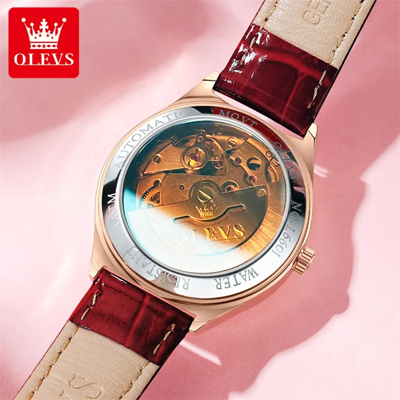 Reloj Mujer OLEVS Automatic Mechanical Women Watches Fashion Rose Gold Leather Strap Ladies Watch Romatic Girlfriend Gift