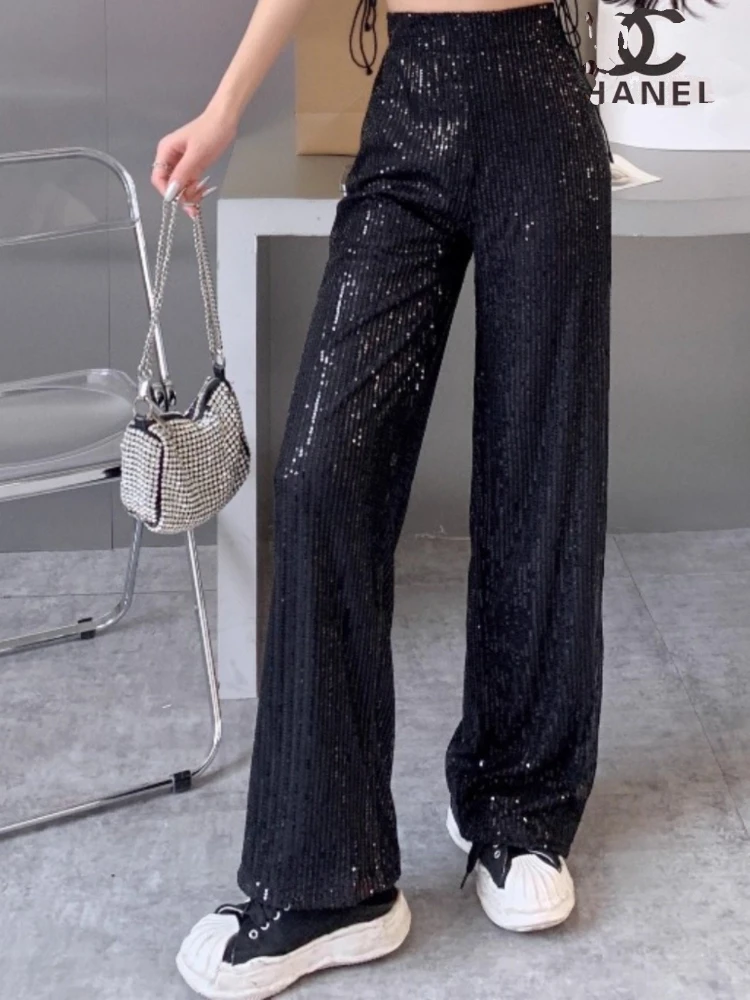 Pantalon taille haute en velours, à la mode, à paillettes, jambes larges, taille élastique, brillant, jambes droites, nouvelle collection automne