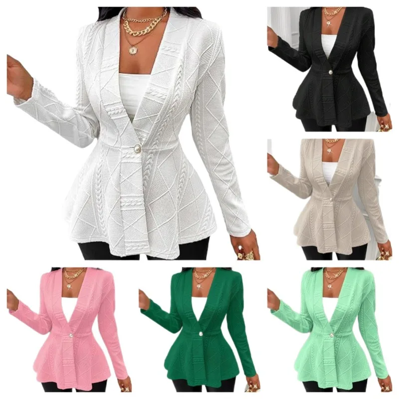 

Women's Cable Knit Peplum Blazer with V Neck Single Button Slim Fit Long Sleeve Jacket for Elegant Office and Party Looks