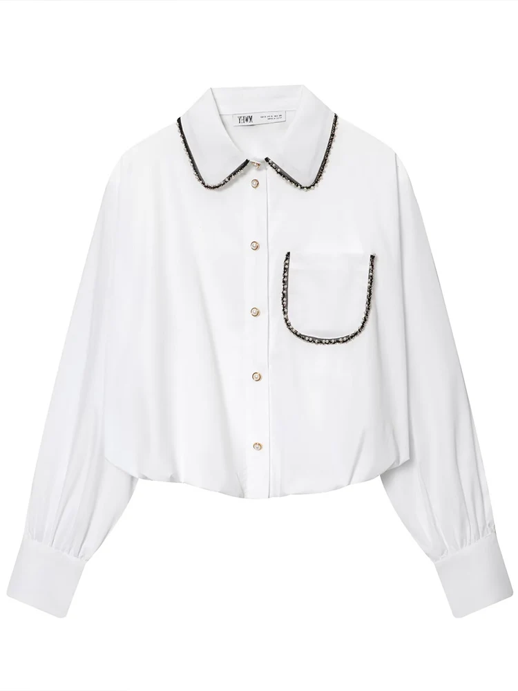 

Новая женская мода в европейском стиле, универсальная однобортная рубашка из поплина с пышными рукавами и лацканами, расшитая бисером