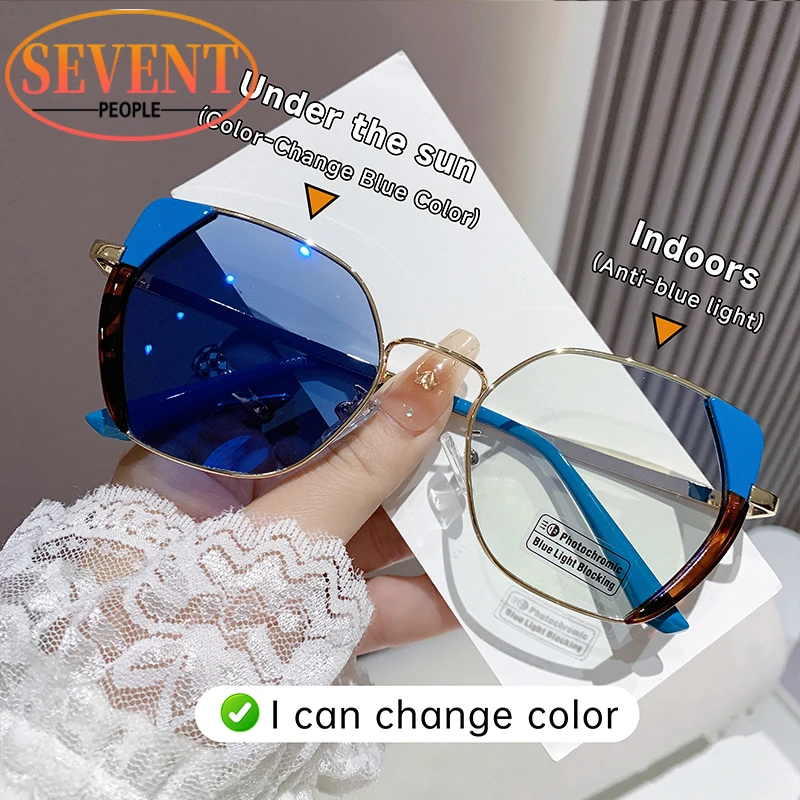 Vintage Square แว่นตากันแดด Cateye Photochromic กรอบแว่นตาผู้หญิง Anti Blue Light แว่นตาเปลี่ยนสีแว่นตา