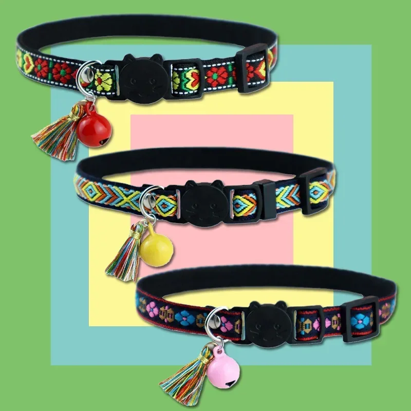 Adjustable cat collar with tassels and bells embellished pet collar colorful plaid jacquard pattern for cat and dog collars