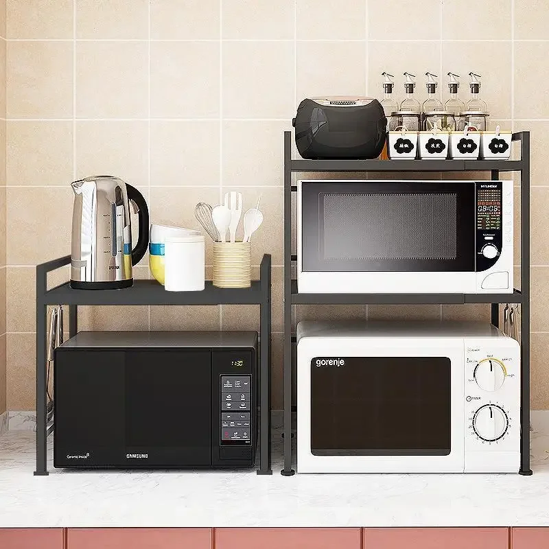 

Expandable Microwave Shelf 2 Tier Space-Saving Kitchen Organizer Stove Shelf with 3 Hooks Expandable Adjustable Kitchen