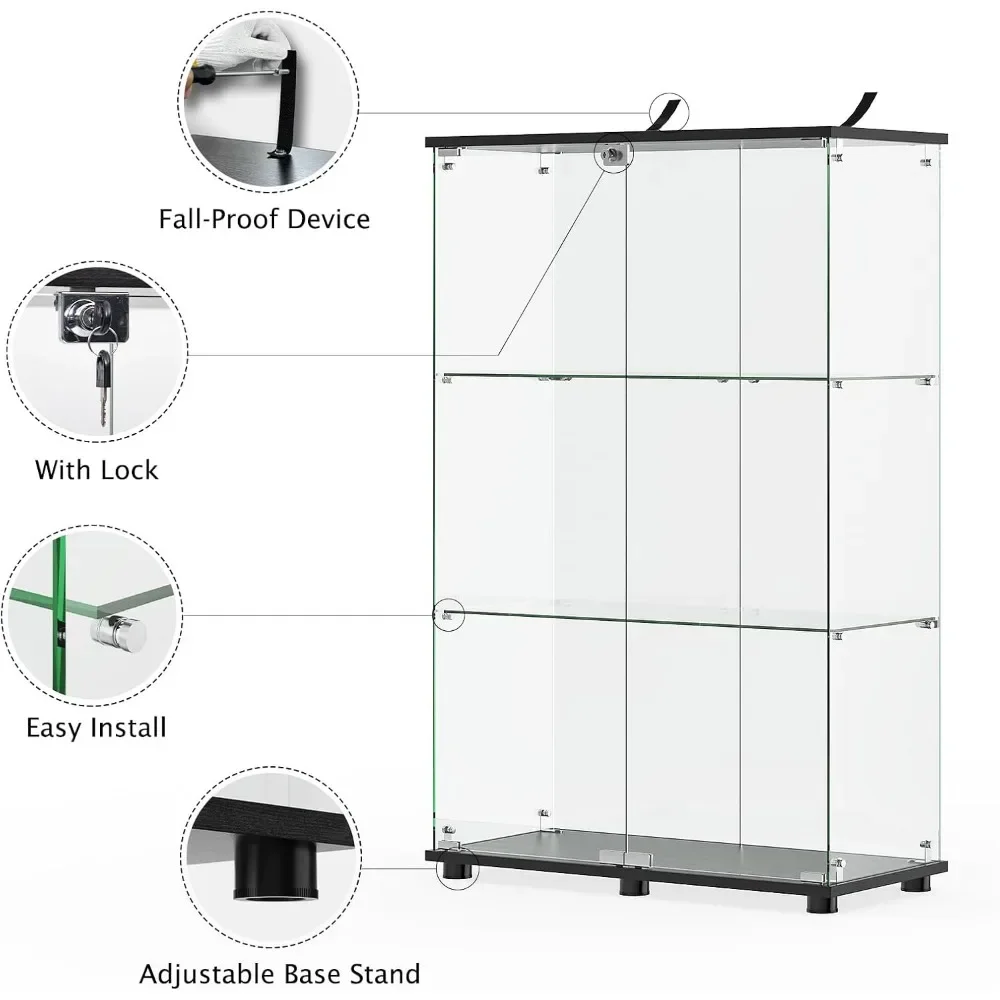 Glas vitrine mit 3 Regalen, Doppeltüren, Stand käfig, 49,49x31,77x14,37 Zoll, schwarz