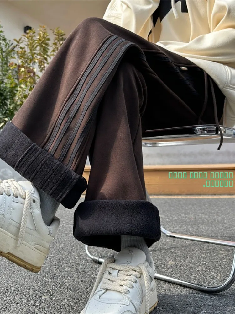 

Fce Lined Thi Winter Casual Pants for Men American Retro Dir Stripe Belt Splicing Long Trousers Straight Leg Loose Fit