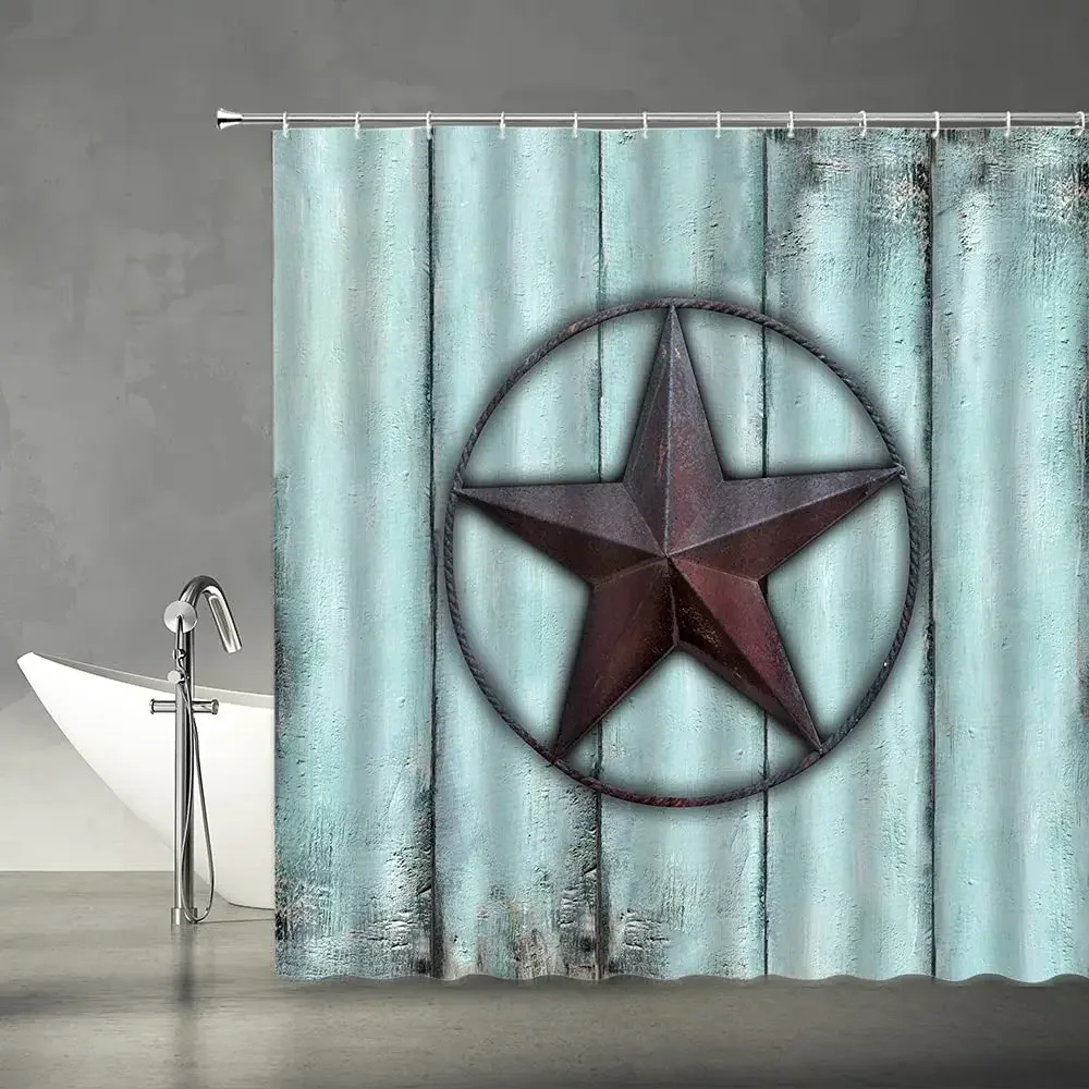 Rustic Texas Shower Curtain Southwestern Texas Star Barn Turquoise Wooden Board Farmhouse Room Fabric Bathroom Decor Set Hooks