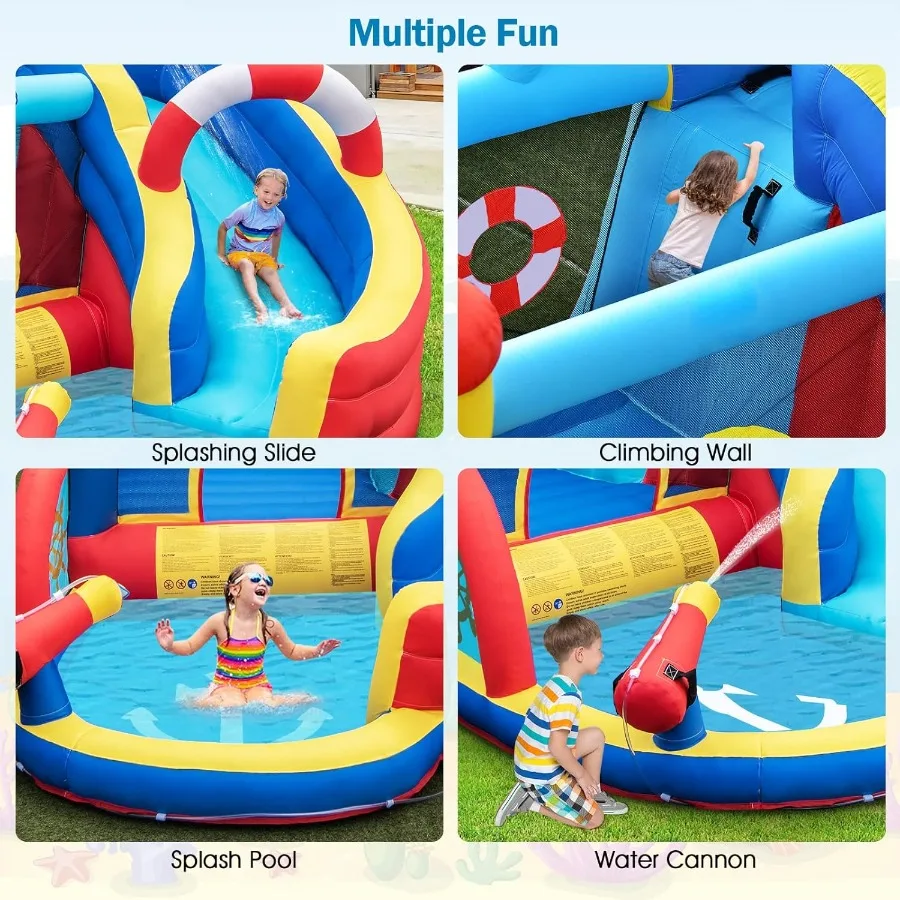 Toboganes de agua inflables, casa hinchable con temática náutica con tobogán, piscina contra salpicaduras, pared trepadora, pistola de agua, castillo de salto al aire libre