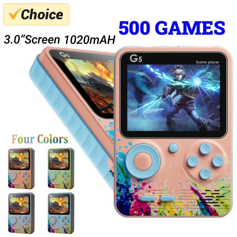 G5 Retro Handheld Game Console with 500 Classic Games 3.0Inch Screen Portable Gamepad Macaron Color 1020mAH Rechargeable Battery