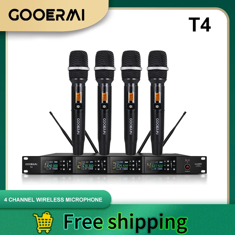 Sistema de Microfone Sem Fio Profissional Gooermi T4, Microfone Dinâmico de Mão, Microfone de Lapela, 4 Canais, UHF para Palco