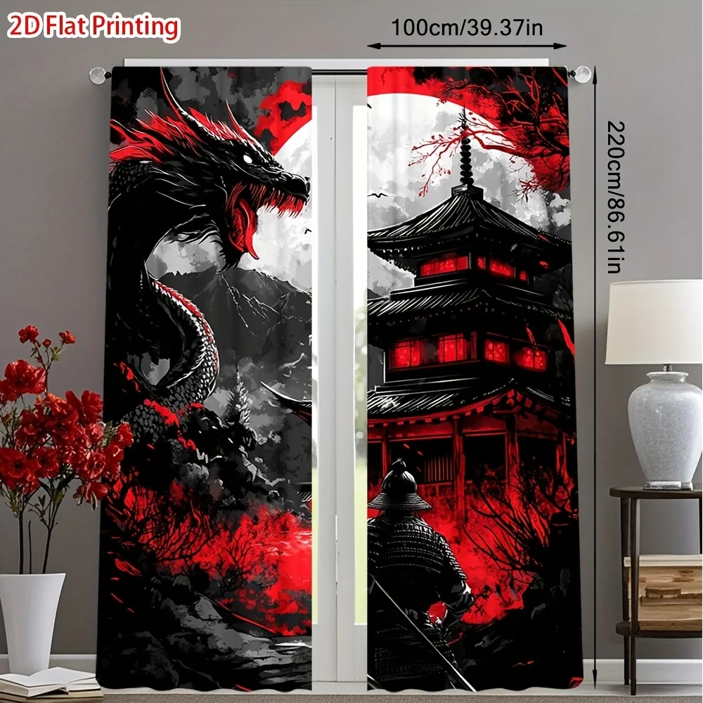 

Комплект из 2 штор в японском стиле с изображением дракона, полиэстеровые затемняющие шторы для спальни и гостиной, красно-черные, с узором пагоды и луны, декор для дома