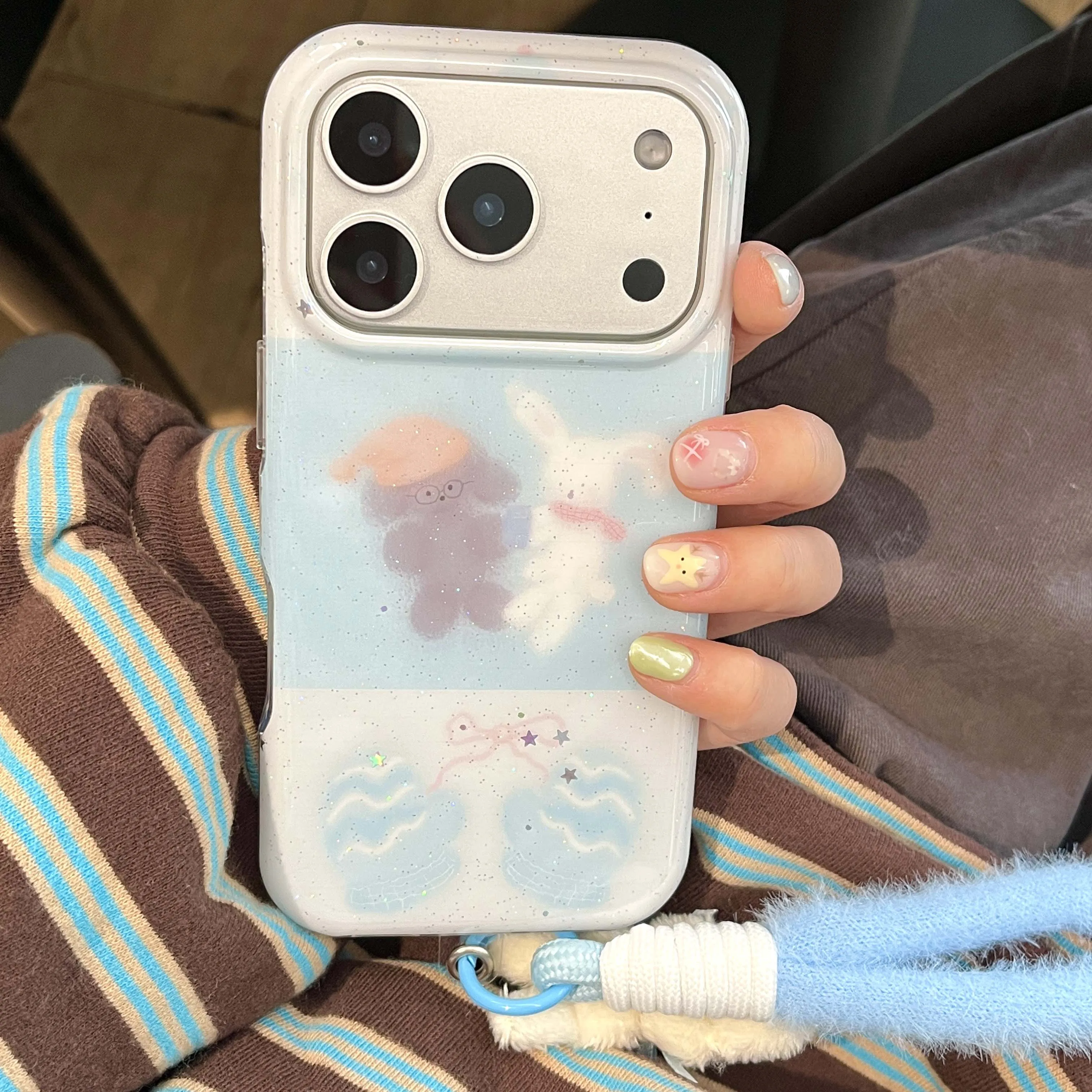 Cute bear rabbit imd back cover rope bracelet cartoon phone case for iphone 16 17 pro max 15 14 13 promax cover