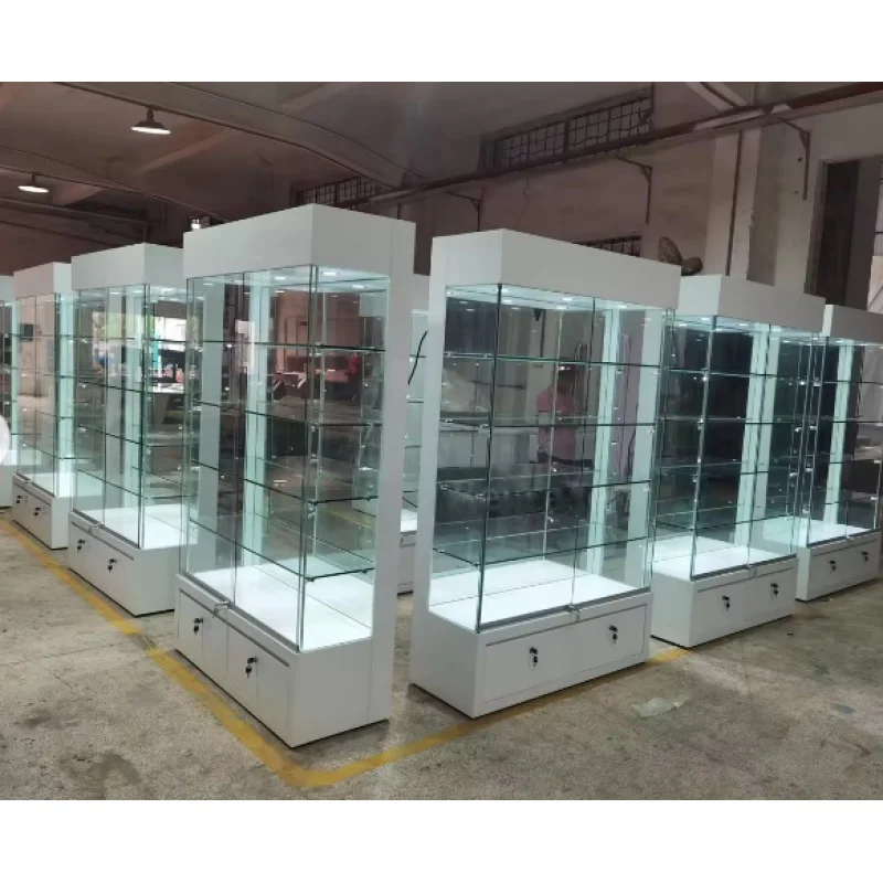 Custom. keway factory tempered glass showcase supplier luxury jewelry glass display with top spotlight for retail store