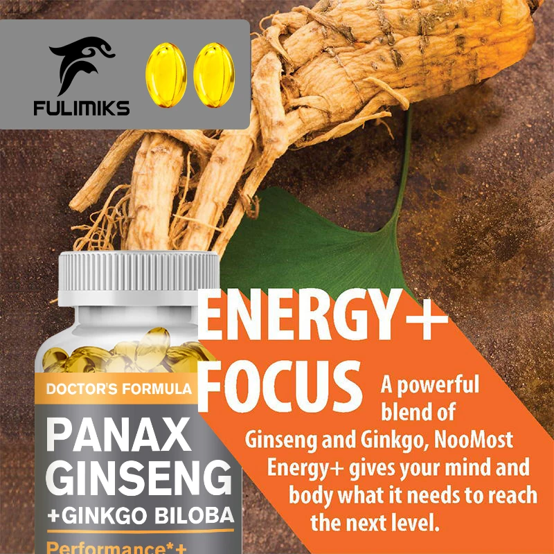 Vegan Korean Red Panax Ginseng with Ginkgo Biloba Capsules High Potency for Male Natural Health Supplement - Non-GMO-Gluten-free